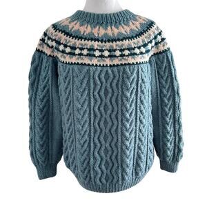 Vintage Fair Isle Cable Knit Sweater, Nordic Icelandic, Chunky